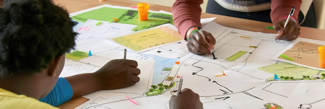 Eco-friendly city planners sketching layout ideas on concept boards, discussing environmental designs and solutions.