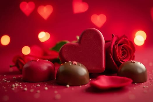 Chocolate and red candies with rose in the shape of hearts on a red background with bokeh