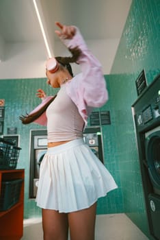 A carefree and joyful moment beautifully captured in a laundromat, showcasing fun, style, and carefree dancing