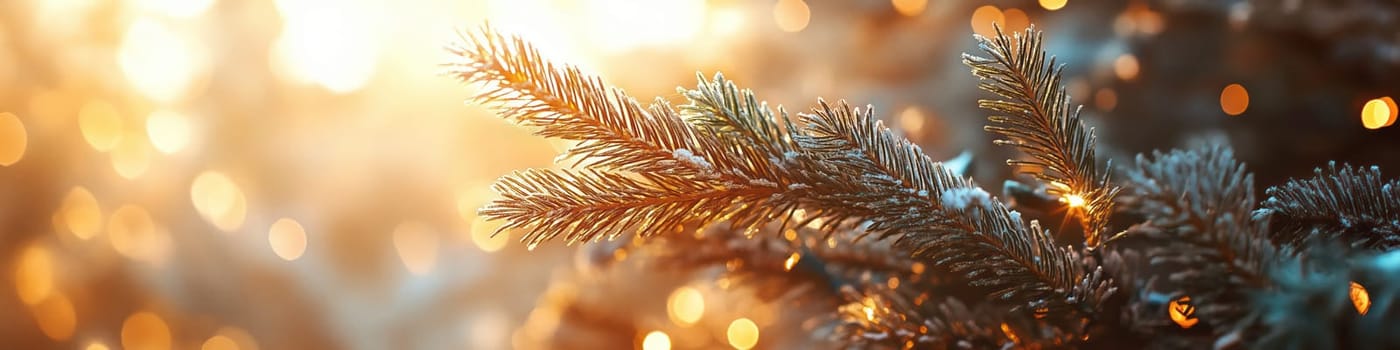 Christmas tree branch with glowing garland on shiny bokeh blurred background