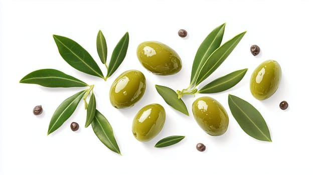 Fresh green olives, olive leaves, and peppercorns creating a vibrant and appetizing arrangement on a clean white background.