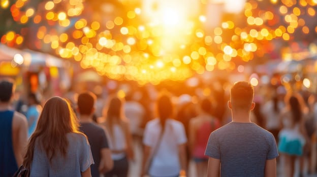 People walking in a crowded street enjoying a summer festival with lights at sunset