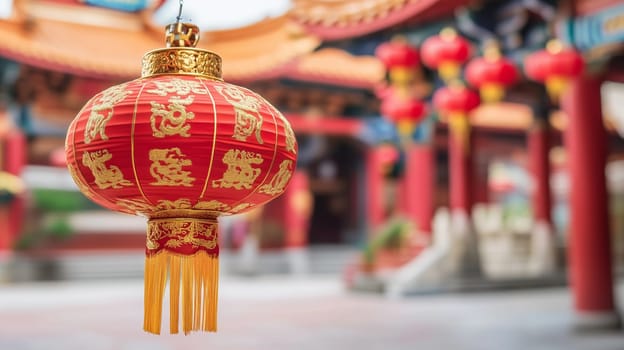 Red paper lantern with golden dragon decorations hanging in a chinese temple during chinese new year celebrations