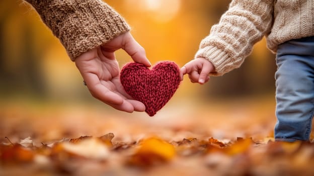 Adult and child holding a red heart in a fall setting