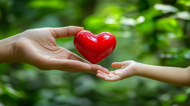 Two hands exchanging a red heart in a lush, green setting