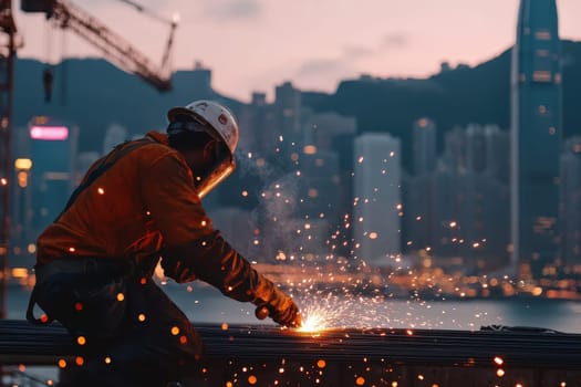 A skilled welder works at dusk, creating sparks against a stunning city skyline, showcasing the blend of industry and urban beauty in an evening setting.