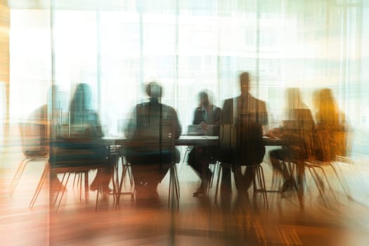 A captivating abstract representation of a meeting with blurred silhouettes in a modern office setting, emphasizing teamwork and collaboration.