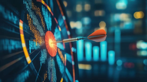 A close-up of a dart striking the bullseye of a target, set against a vibrant digital backdrop, illustrating focus and success in competition.