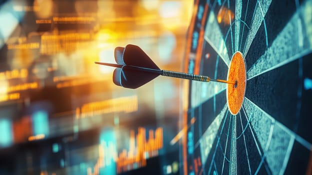 A close-up of a dart hitting the bullseye on a dartboard, capturing the essence of success, focus, and determination in business and personal achievements.