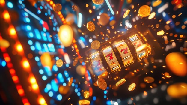 Experience the excitement of a casino with this vibrant slot machine imagery featuring bright lights, spinning reels, and flying coins.