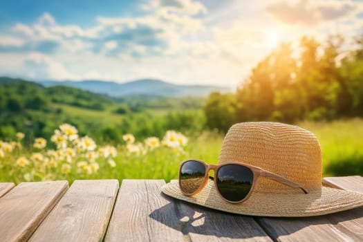 A stylish straw hat and sunglasses rest on a wooden deck, surrounded by a picturesque nature setting. Enjoy the warm sunshine and tranquil atmosphere.