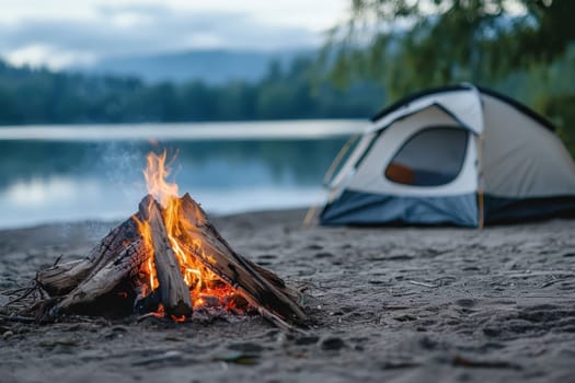 A serene campfire scene by a tranquil lake with a tent. The warm flames flicker, creating a cozy atmosphere for a peaceful outdoor experience.