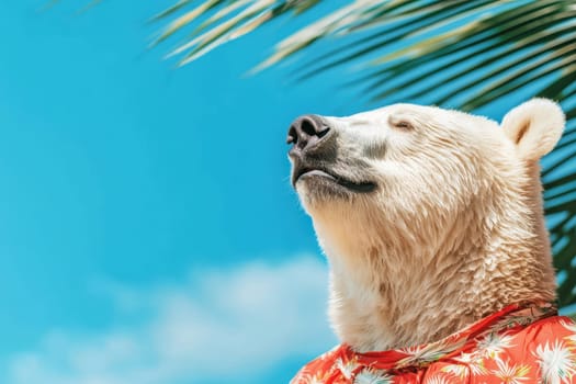 A cheerful polar bear in a vibrant summer shirt basks in the sunlight, surrounded by tropical leaves and a clear blue sky, embodying summer joy.
