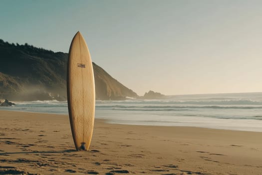 A vintage surfboard stands tall on a serene sandy beach, surrounded by soft ocean waves and a stunning coastal landscape at sunrise, reflecting tranquility.