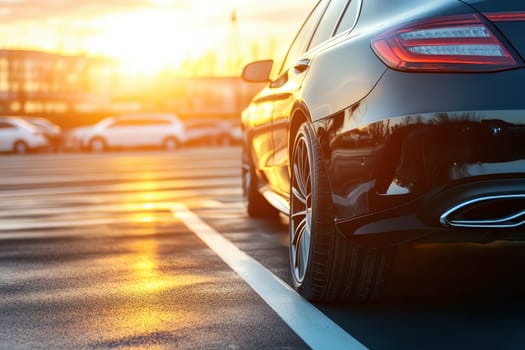 A sleek black car parked in an urban parking lot during sunset, showcasing glowing reflections on asphalt, embodying modern luxury design.