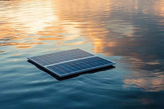 A solar panel floats gracefully on tranquil water, reflecting the beautiful colors of a sunset, showcasing the harmony between nature and renewable energy solutions.