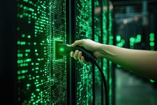 A hand connects a cable to a server in a high-tech data center, illuminated by a vivid green digital display, symbolizing energy and information flow.