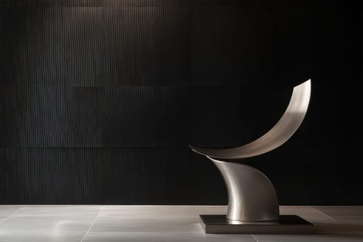 A striking modern chair features a graceful curved metal form, beautifully contrasting against a dark textured wall, creating a chic and artistic atmosphere.