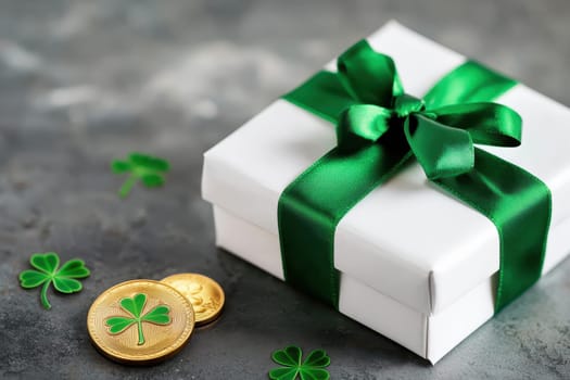 A stylish white gift box with a vibrant green ribbon sits beside shiny gold coins and shamrock decorations, perfect for festive celebrations and joyful occasions.