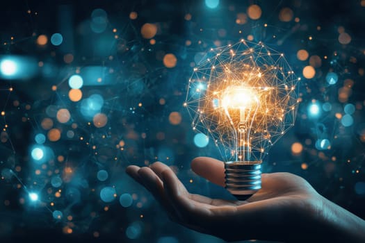 A hand holds a glowing light bulb, symbolizing creativity and innovation, surrounded by sparkling connections. The dark background enhances the vibrant illumination and abstract design.