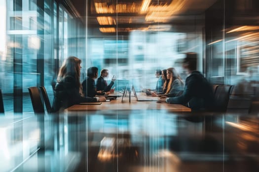 A group of people are sitting around a table in a conference room. The room is filled with chairs and a large table. The people are all focused on their laptops. The atmosphere is professional