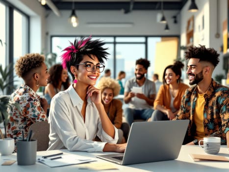 A young woman with pink hair works on a laptop, surrounded by colleagues in a bright, collaborative workspace. The atmosphere is energetic and positive.