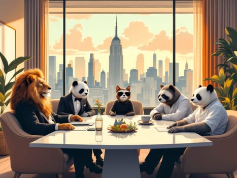 A whimsical illustration of a lion, pandas, and a raccoon in suits, seated around a conference table in a high-rise office, enjoying the sunset view over the cityscape.