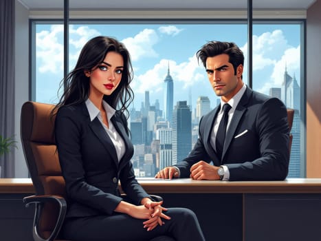 A stylish image depicting two businesspeople, a man and a woman, dressed in professional attire, sitting at a desk in a modern office with a stunning cityscape view from large windows.