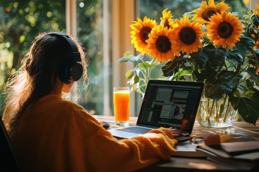 A woman is sitting at a table with a laptop and a glass of orange juice. She is wearing headphones and she is working or studying. The room has a sunny and cheerful atmosphere