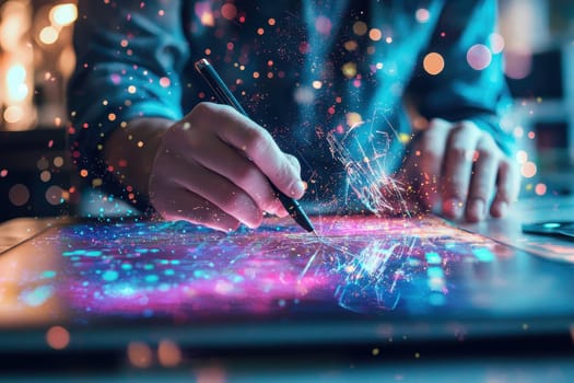 A digital artist engages in creative expression using a graphics tablet while colorful visuals and sparkles illuminate the workspace.