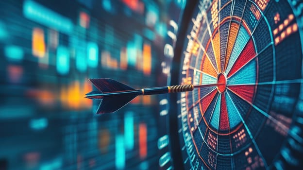 A dart is flying through a colorful background with a red bullseye. Concept of excitement and anticipation as the dart is about to hit the target