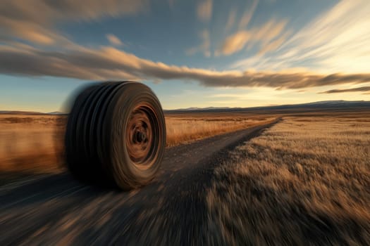A motion blurred tire rolls down a country road at sunset, creating a dynamic scene that captures the essence of freedom and adventure in a peaceful landscape.