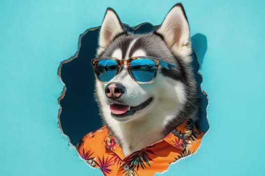 A cheerful husky dog wearing sunglasses and a tropical shirt peeks through a colorful hole in a wall, radiating fun and vibrant summer energy.