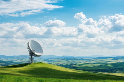 A striking satellite dish stands prominently in a vibrant green landscape, surrounded by rolling hills and a beautiful sky filled with soft clouds.