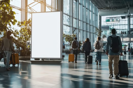 A vibrant airport terminal scene showing travelers with luggage walking towards a blank advertising display, illuminated by daylight, highlighting modern architecture and travel dynamics.