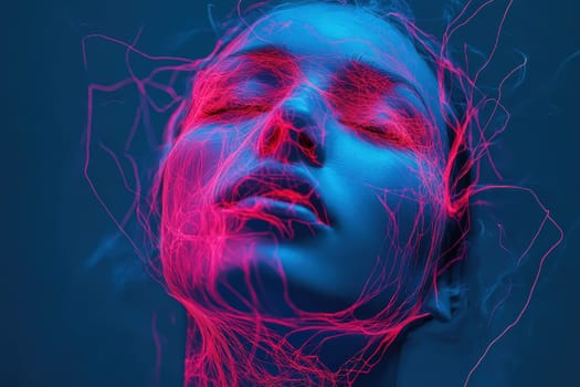 An ethereal portrait showcasing a female figure surrounded by vibrant neon light effects, symbolizing emotions and connections in a surreal and dreamy atmosphere.