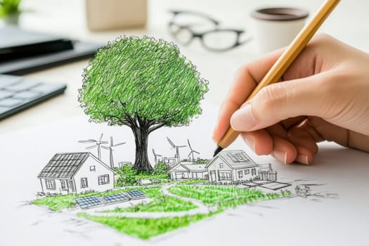 A person is drawing a house and a tree on a piece of paper. The drawing is of a house with a tree in front of it. The house is surrounded by a green field