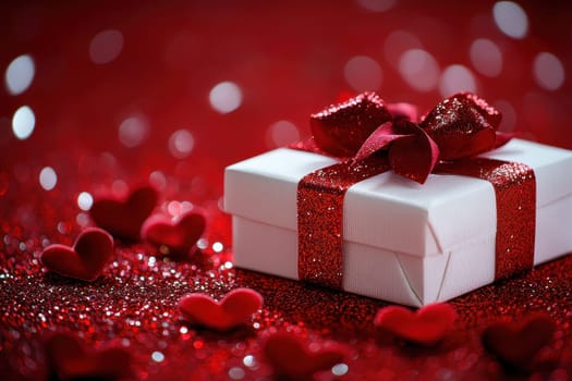 A white box with a red bow on top of it is surrounded by red hearts. Concept of love and celebration, as the red hearts and the white box with a red bow are often associated with Valentine's Day