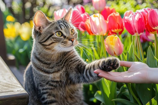 A charming tabby cat engages with a human hand, reaching out amidst vibrant tulips in a sunny spring garden. The scene captures a playful connection and warmth.