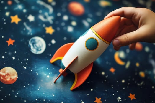 A vibrant toy rocket held by a child's hand rests on a cosmic backdrop filled with stars and planets. Perfect for imaginative play and educational themes.