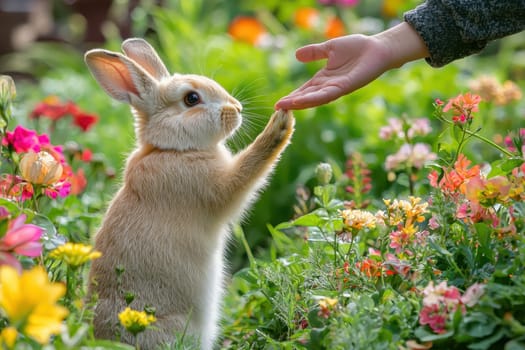 A rabbit is standing in a field of flowers and is being petted by a person. The scene is peaceful and calming, with the rabbit and the flowers creating a sense of harmony and tranquility