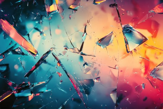 A colorful image of shattered glass with a blue background. The image is abstract and has a sense of chaos and destruction