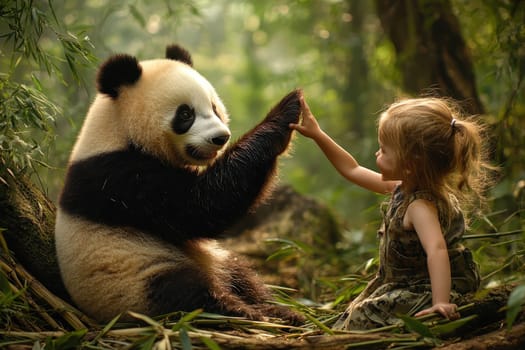 A young girl is petting a panda bear. The bear is sitting on the ground and the girl is sitting on top of it. The scene is peaceful and heartwarming