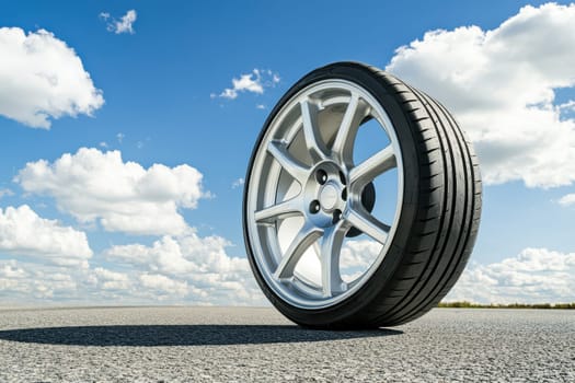 A silver tire is on a road with a blue sky in the background. The tire is positioned in a way that it is almost flat, and it is the only object in the scene