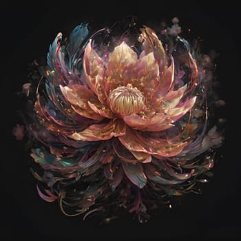 Luminous Lotus Bloom: A digital painting of a white lotus flower with golden accents and sparkling particles, set against a dark background.