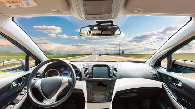 View from a picturesque trip from a modern unmanned automobile interior on an open highway