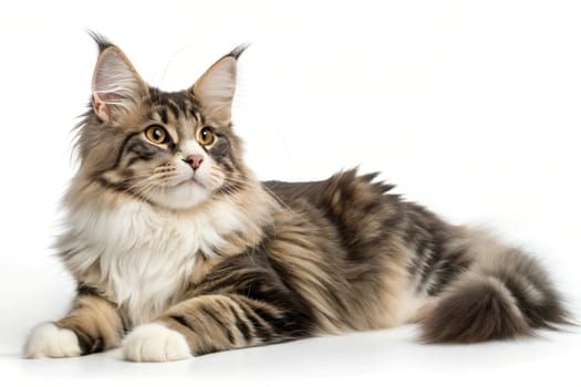 Norwegian Forest Cat Lying at White Background. Norwegian Forest Cat Portrait Isolated on White.