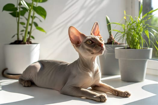 Full-Height Sphynx Cat with Unique Wrinkled Skin and Golden Eyes, Lying Among Plants in sunlight. Studio Shot.