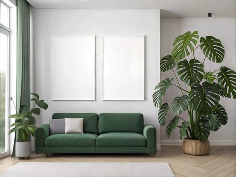 Canvas Mockup in Modern Living Room with green plants. Green Sofa and Two Blank Canvases on white wall. Two Vertical Posters Mockup. Empty Canvas