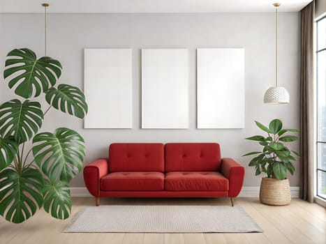 Canvas Mockup in Modern Living Room with green plants. Red Sofa and Three Blank Canvases on white wall. Three Vertical Posters Mockup. Empty Canvas